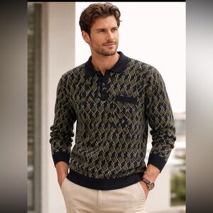Percival Polo Sweater Men Large Geometric Print 1/4 Snap Pocket Cotton Luxury